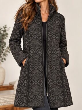 Icelandic Design Sweater Coat Womens Large Black Zip Longline Geometric